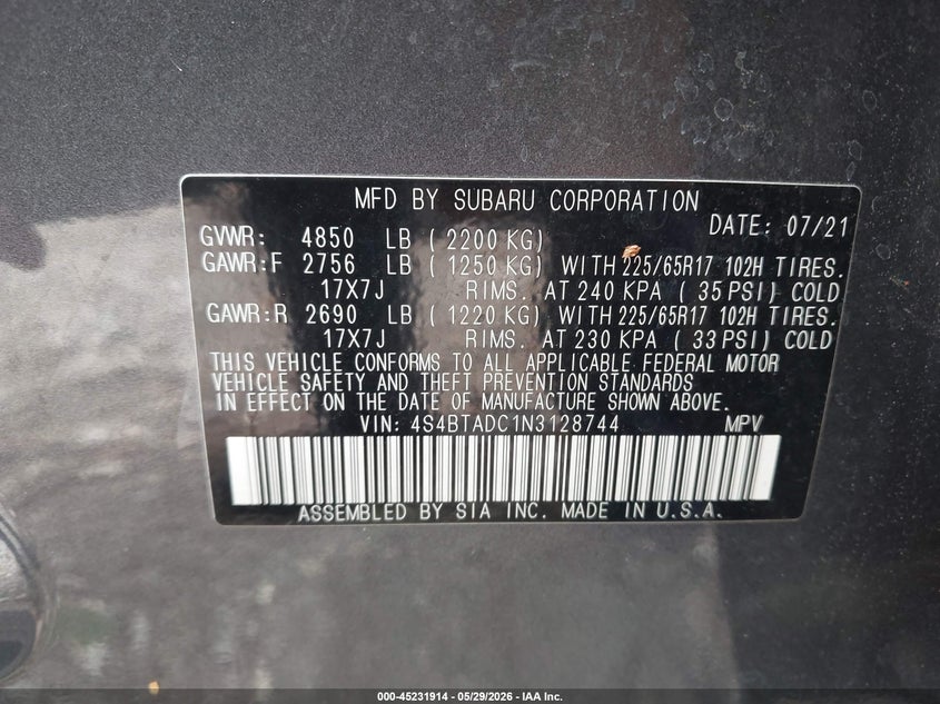 2022 Subaru Outback Premium VIN: 4S4BTADC1N3128744 Lot: 45231914