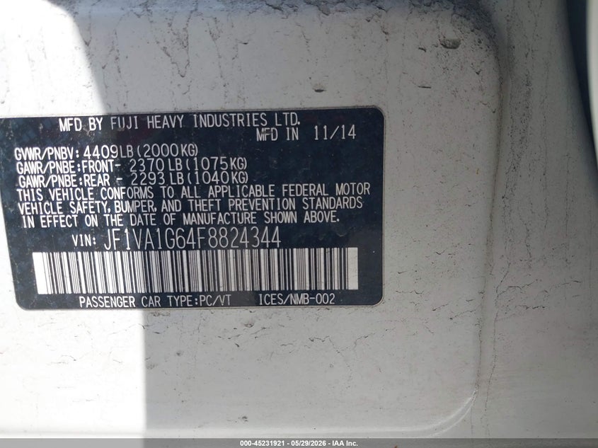 2015 Subaru Wrx Limited VIN: JF1VA1G64F8824344 Lot: 45231921