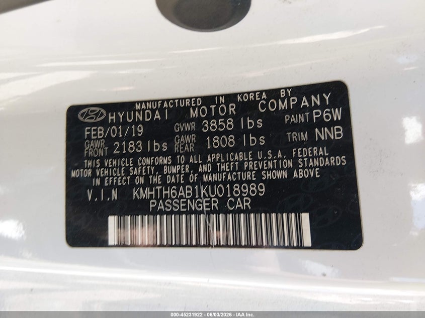 2019 Hyundai Veloster Turbo VIN: KMHTH6AB1KU018989 Lot: 45231922