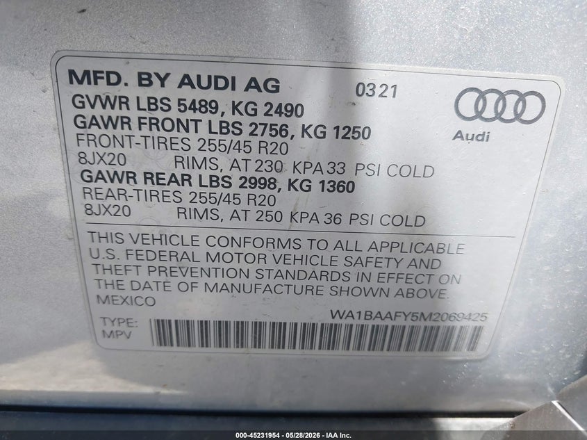 2021 AUDI Q5 PREMIUM PLUS 45 TFSI QUATTRO S TRONIC — Фото 9