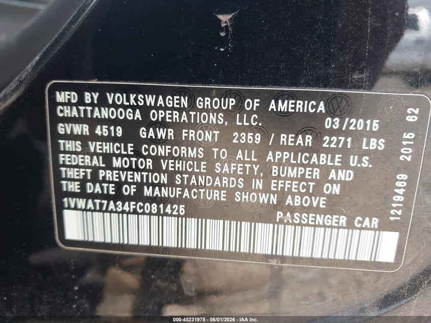 2015 Volkswagen Passat 1.8T Limited Edition VIN: 1VWAT7A34FC081425 Lot: 45231978