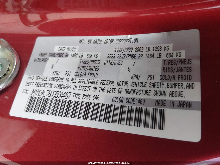 2022 Mazda Mx-5 Miata Rf Club VIN: JM1NDAL78N0504487 Lot: 45232005