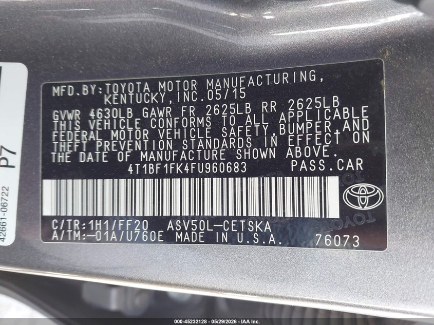 2015 TOYOTA CAMRY SEDAN 2.5L I-4 DOHC, VVT, 178HP