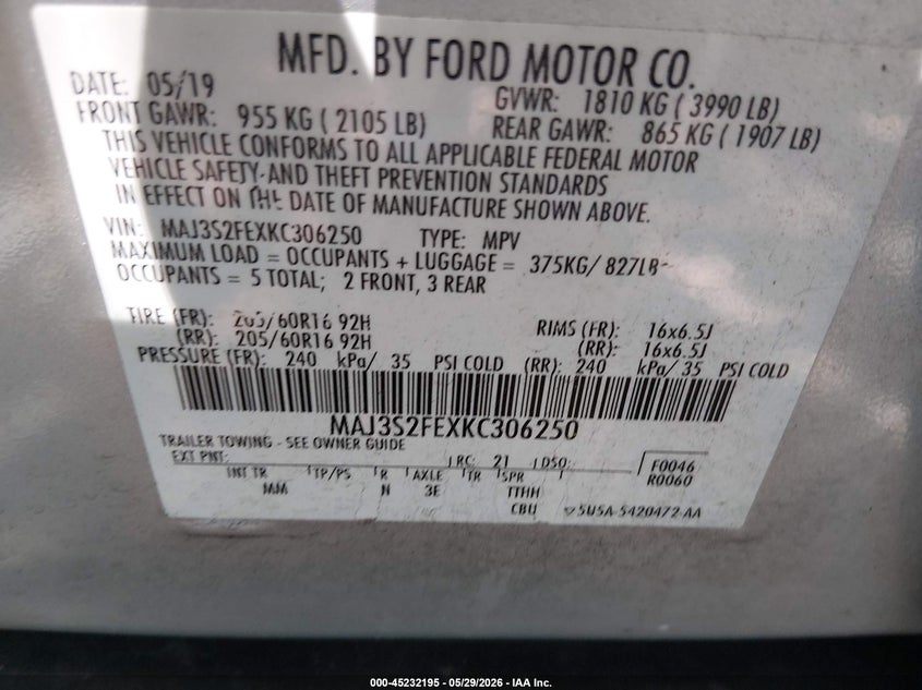 2019 Ford Ecosport S VIN: MAJ3S2FEXKC306250 Lot: 45232195