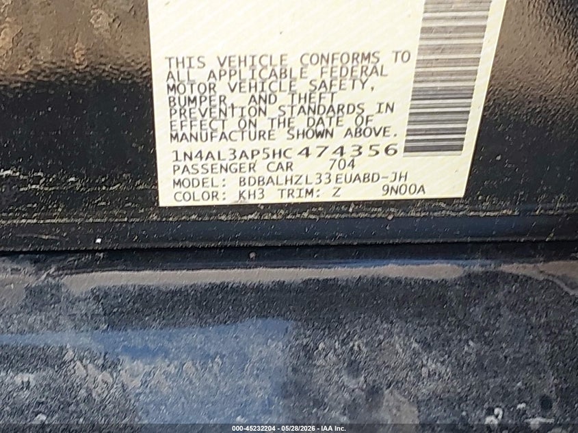 VIN 1N4AL3AP5HC474356 2017 NISSAN ALTIMA 2.5 SR