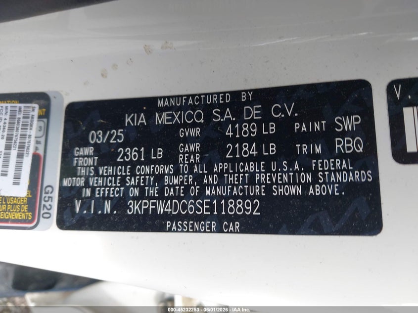 2025 Kia K4 Gt-Line Turbo VIN: 3KPFW4DC6SE118892 Lot: 45232253