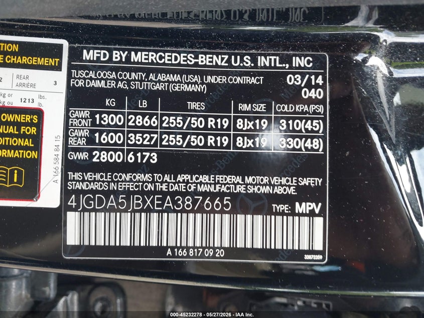 2014 Mercedes-Benz Ml 350 VIN: 4JGDA5JBXEA387665 Lot: 45232278