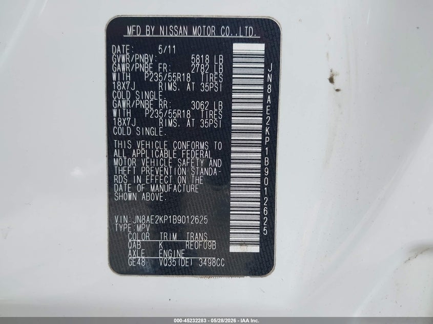 2011 Nissan Quest Le VIN: JN8AE2KP1B9012625 Lot: 45232283