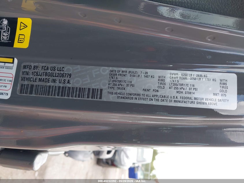 2020 Jeep Gladiator Rubicon 4X4 VIN: 1C6JJTBG0LL206779 Lot: 45232292
