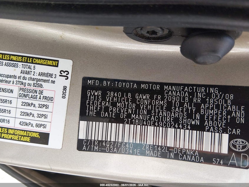 2009 TOYOTA COROLLA SEDAN 1.8L I-4 DOHC, VVT, 132HP
