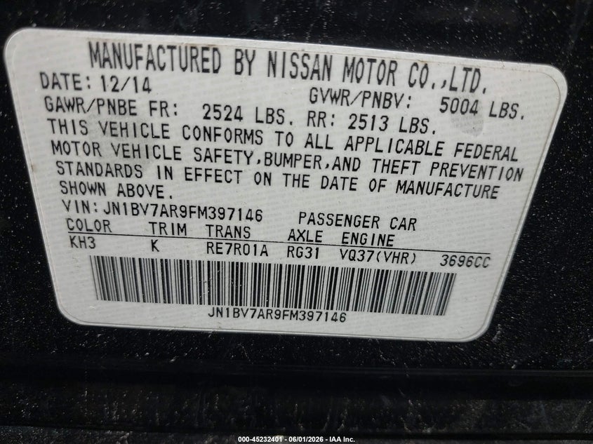 2015 Infiniti Q50 VIN: JN1BV7AR9FM397146 Lot: 45232401