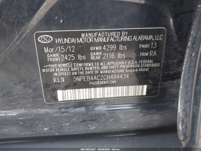 2012 Hyundai Sonata 2.4 Gls blue Lot 111045232427 Vin 5NPEB4AC2CH494434