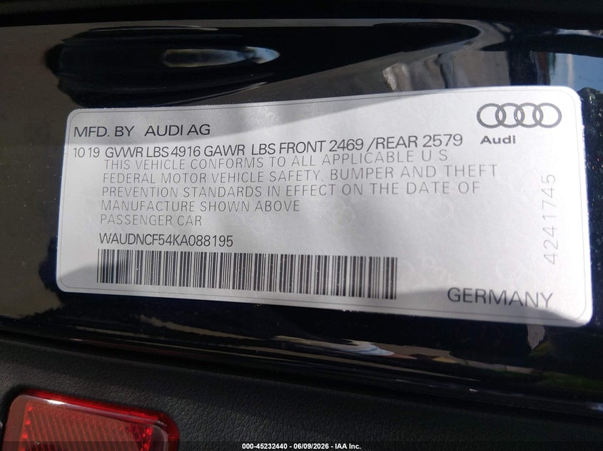 2019 Audi A5 45 Premium VIN: WAUDNCF54KA088195 Lot: 45232440