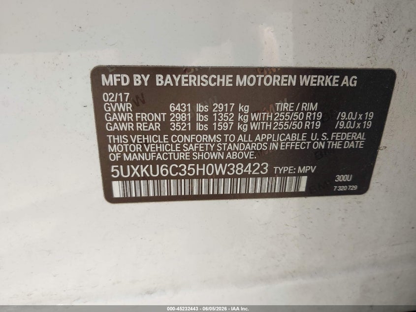 2017 BMW X6 xDrive50I VIN: 5UXKU6C35H0W38423 Lot: 45232443