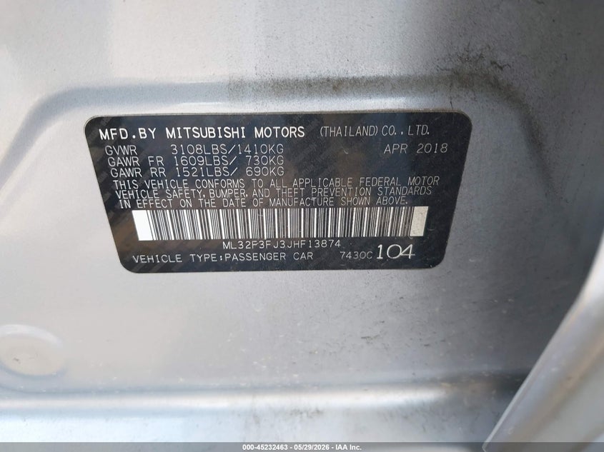2018 Mitsubishi Mirage G4 Es VIN: ML32F3FJ3JHF13874 Lot: 45232463