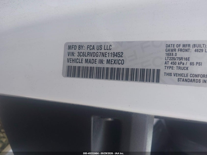 2022 Ram Promaster 2500 High Roof 159 Wb VIN: 3C6LRVDG7NE119452 Lot: 45232484