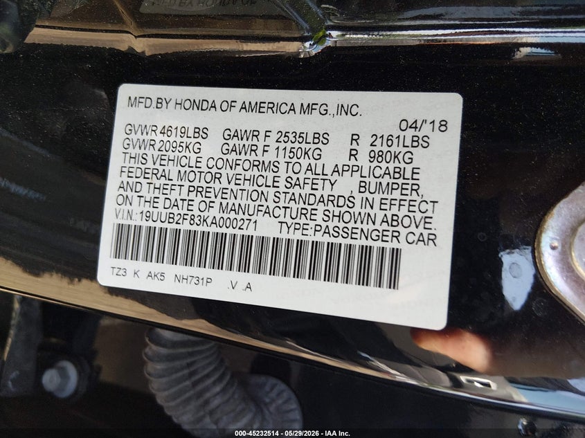 2019 Acura Tlx Advance Pkg VIN: 19UUB2F83KA000271 Lot: 45232514