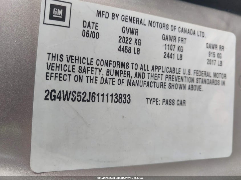 2001 Buick Century Custom VIN: 2G4WS52J611113833 Lot: 45232523