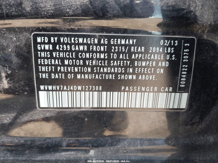 2013 Volkswagen Gti 4-Door VIN: WVWHV7AJ4DW127308 Lot: 45232536