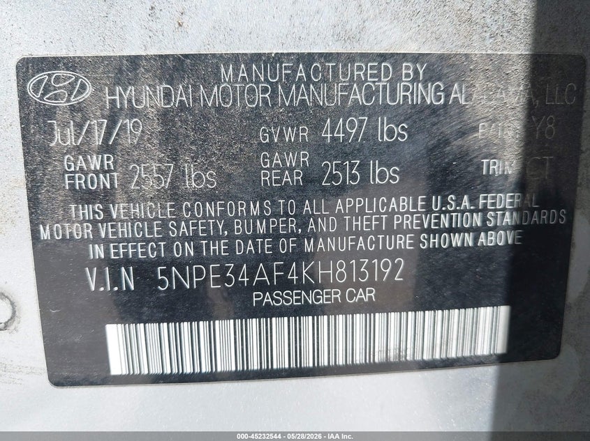 VIN 5NPE34AF4KH813192 2019 HYUNDAI SONATA SPORT