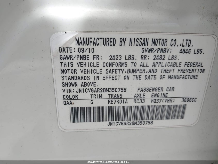 2011 Infiniti G37X VIN: JN1CV6AR2BM350758 Lot: 45232551