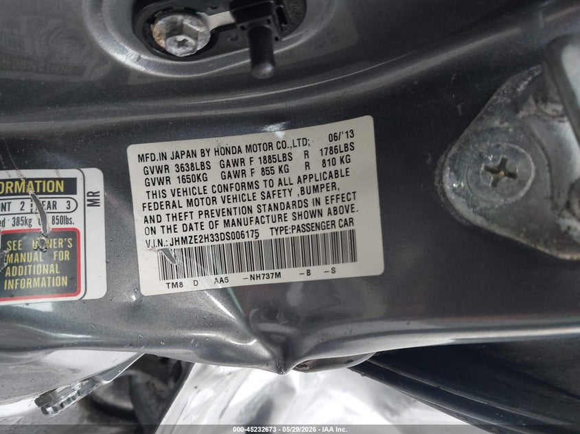2013 Honda Insight VIN: JHMZE2H33DS006175 Lot: 45232673