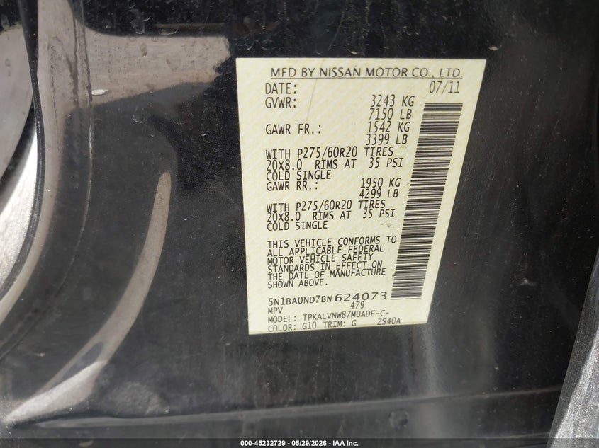 2011 Nissan Armada Sl VIN: 5N1BA0ND7BN624073 Lot: 45232729
