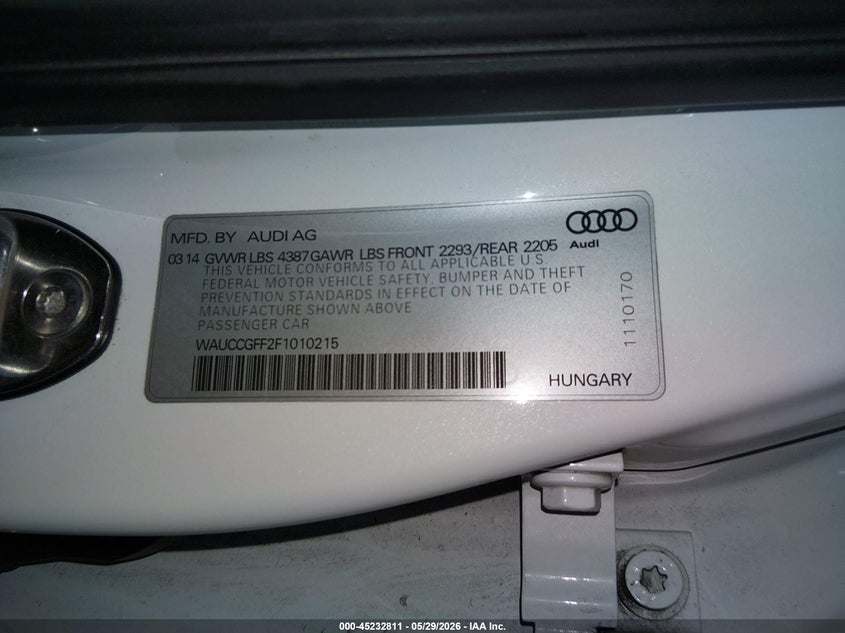 2015 Audi A3 1.8T Premium VIN: WAUCCGFF2F1010215 Lot: 45232811