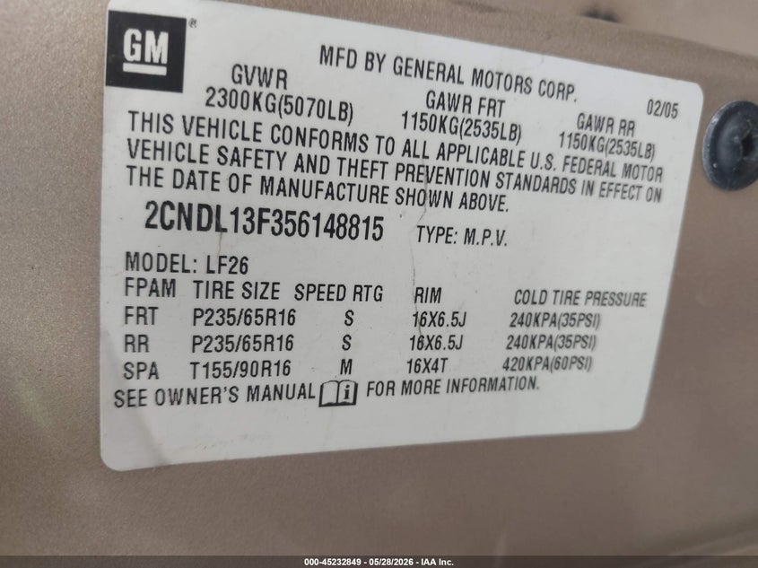 2005 Chevrolet Equinox Ls VIN: 2CNDL13F356148815 Lot: 45232849