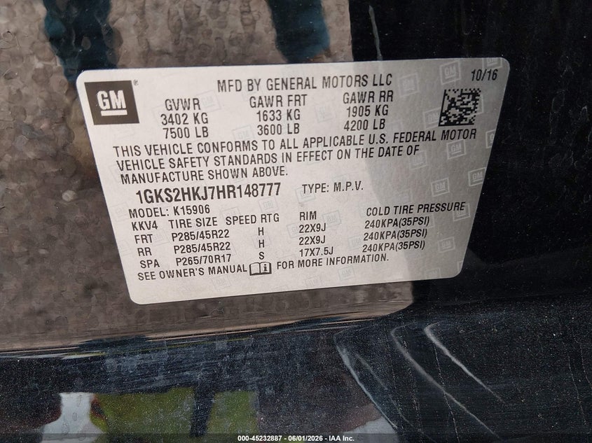 2017 GMC Yukon Xl Denali VIN: 1GKS2HKJ7HR148777 Lot: 45232887