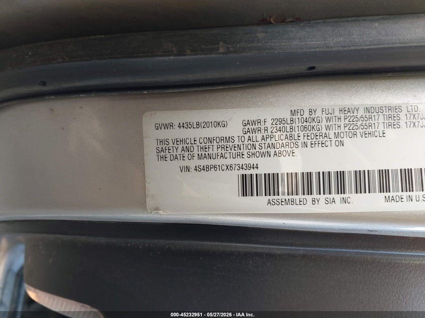 2006 Subaru Outback 2.5I VIN: 4S4BP61CX67343944 Lot: 45232951