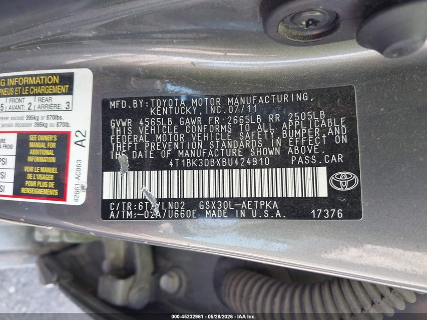 2011 Toyota Avalon Limited VIN: 4T1BK3DBXBU424910 Lot: 45232961