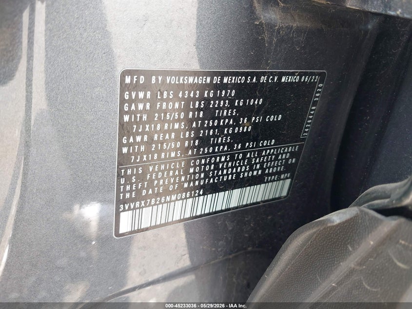 2022 Volkswagen Taos 1.5T Se VIN: 3VVRX7B26NM086124 Lot: 45233036