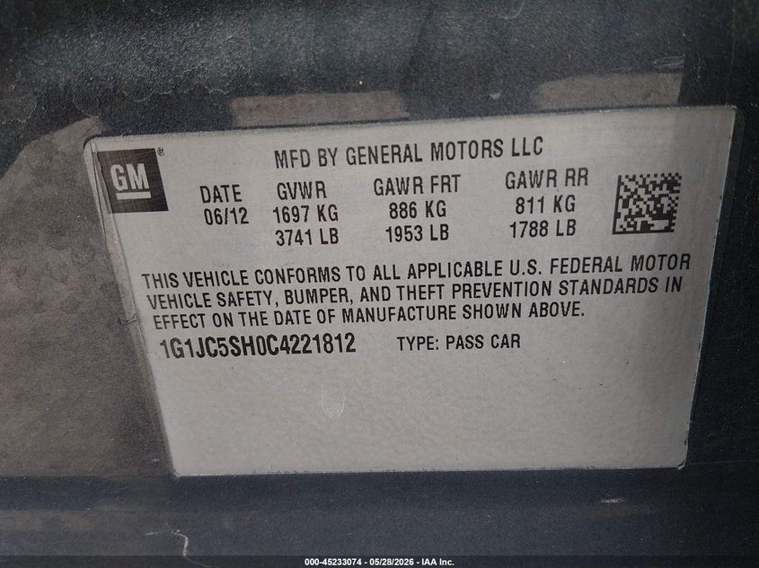 2012 Chevrolet Sonic 2Lt VIN: 1G1JC5SH0C4221812 Lot: 45233074