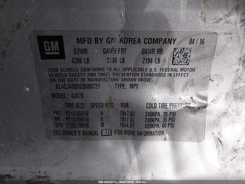 2016 Buick Encore VIN: KL4CJASB0GB688721 Lot: 45233112