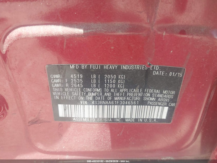 2015 Subaru Legacy 2.5I VIN: 4S3BNAA61F3046561 Lot: 45233152