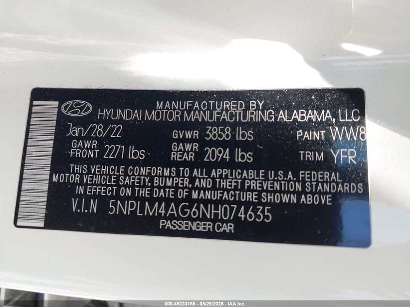 2022 Hyundai Elantra Sel VIN: 5NPLM4AG6NH074635 Lot: 45233188