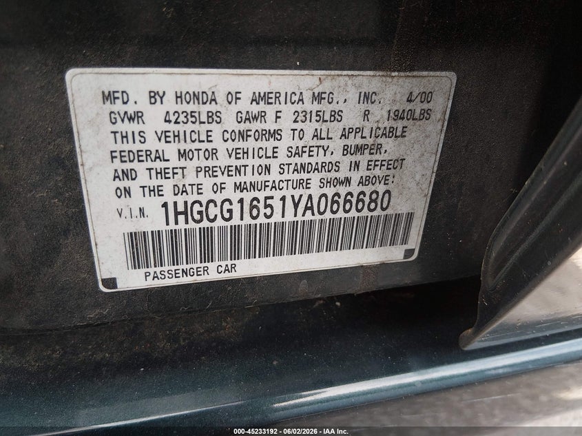 2000 Honda Accord 3.0 Ex VIN: 1HGCG1651YA066680 Lot: 45233192