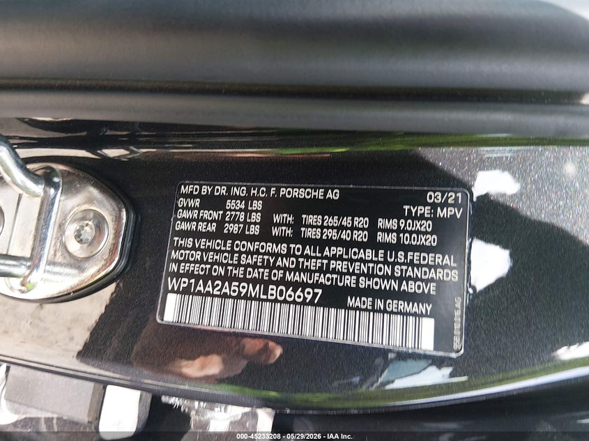 2021 Porsche Macan VIN: WP1AA2A59MLB06697 Lot: 45233208