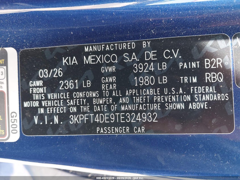 2026 Kia K4 Lxs VIN: 3KPFT4DE9TE324932 Lot: 45233229