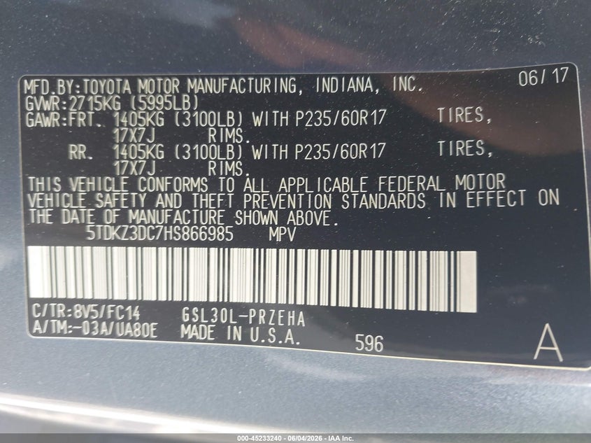 2017 Toyota Sienna Le 8 Passenger VIN: 5TDKZ3DC7HS866985 Lot: 45233240