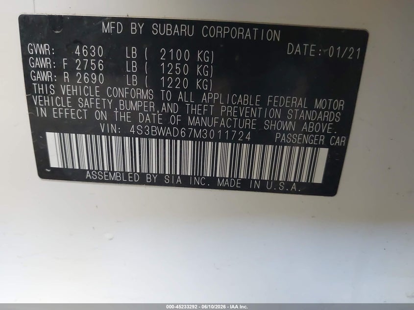 2021 SUBARU LEGACY 2.5L H-4 DI, DOHC, V(VIN: 4S3BWAD67M3011724