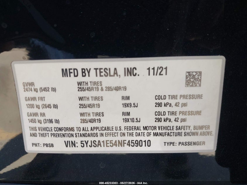 2022 Tesla Model S Dual Motor All-Wheel Drive VIN: 5YJSA1E54NF459010 Lot: 45233303