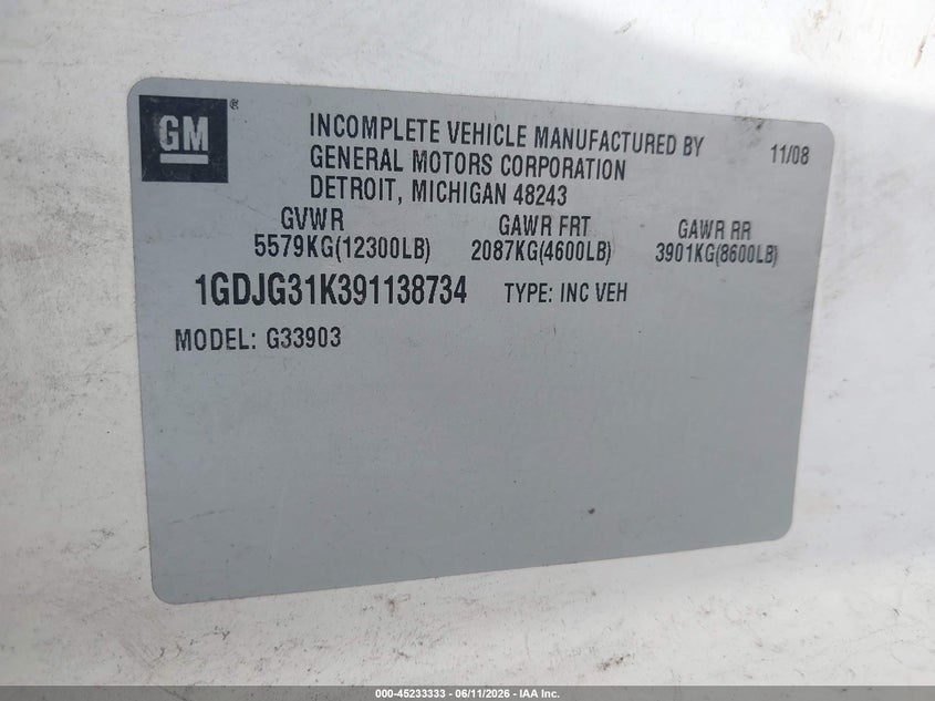 2009 GMC Savana Cutaway Work Van VIN: 1GDJG31K391138734 Lot: 45233333