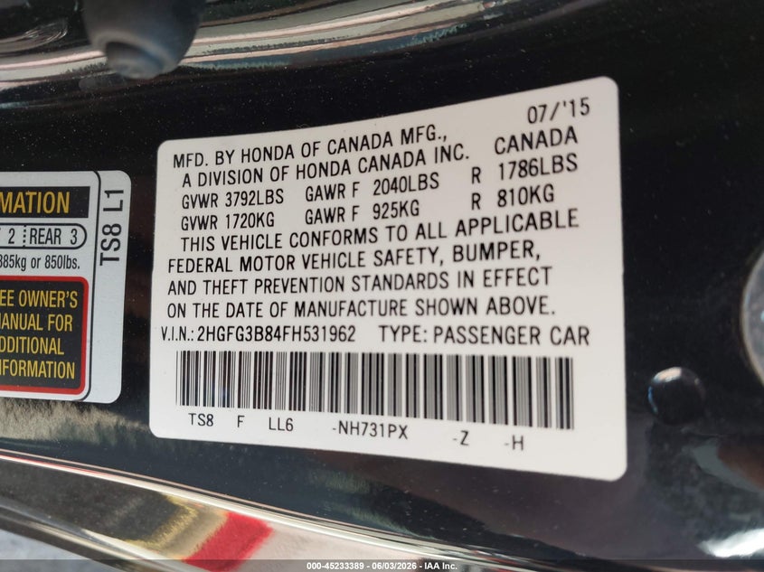 2015 Honda Civic Ex VIN: 2HGFG3B84FH531962 Lot: 45233389