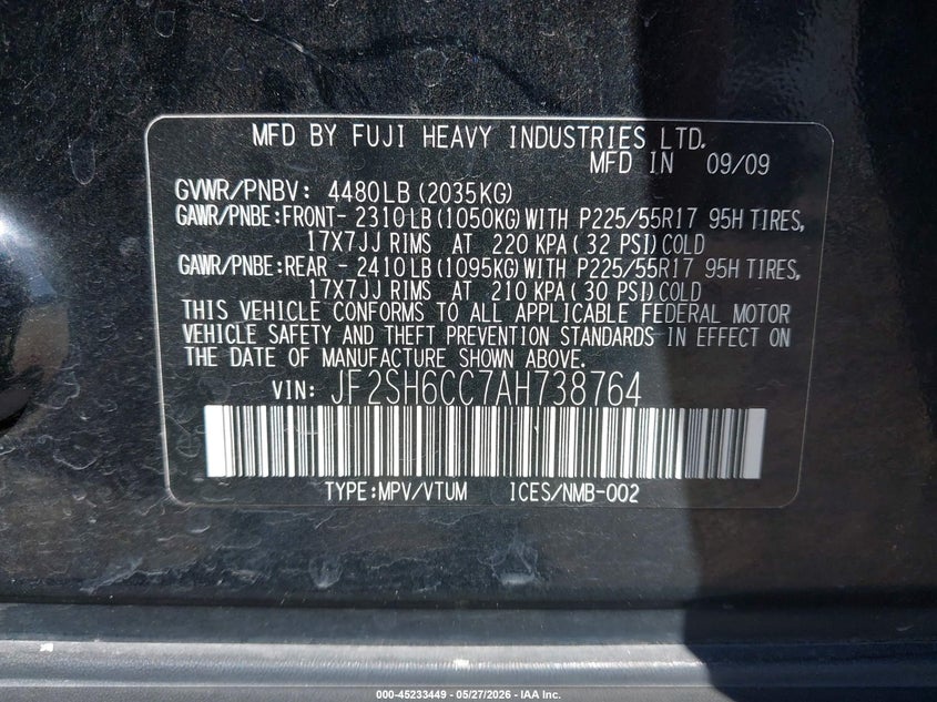 2010 Subaru Forester 2.5 2.5X Premium black Lot 111045233449 Vin JF2SH6CC7AH738764