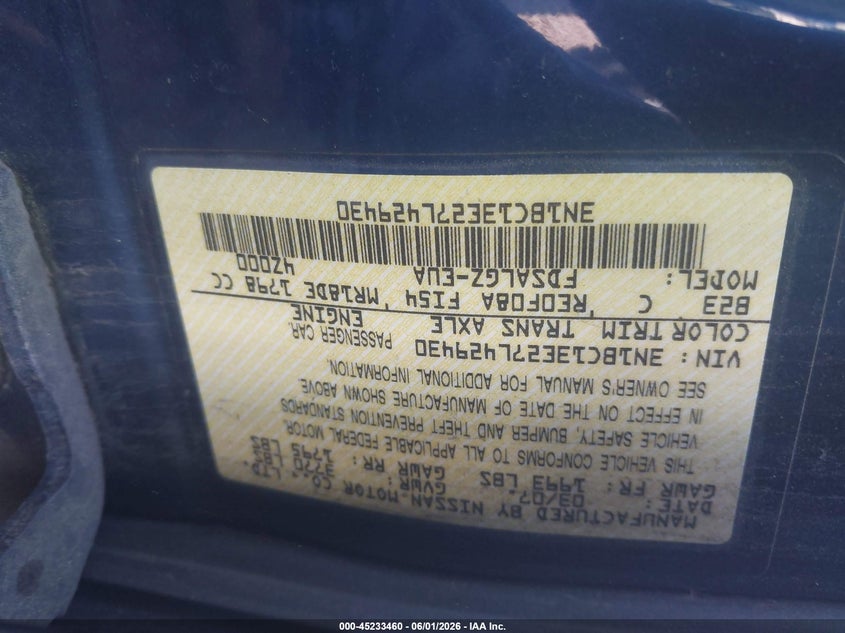 2007 Nissan Versa 1.8Sl VIN: 3N1BC13E27L429430 Lot: 45233460