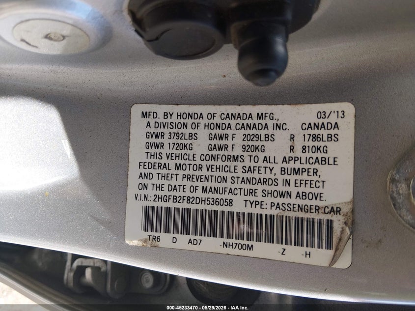 2013 HONDA CIVIC SEDAN 1.8L I-4 VVT, 140HP