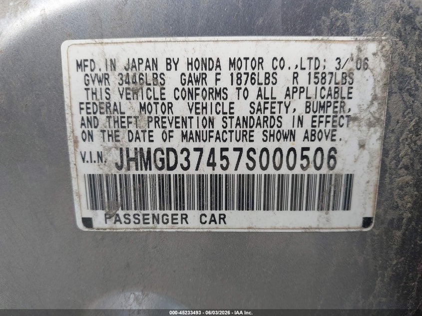 2007 Honda Fit VIN: JHMGD37457S000506 Lot: 45233493