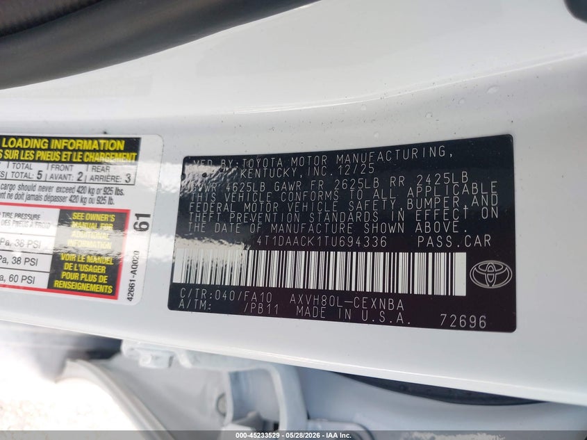 VIN 4T1DAACK1TU694336 2026 TOYOTA CAMRY LE